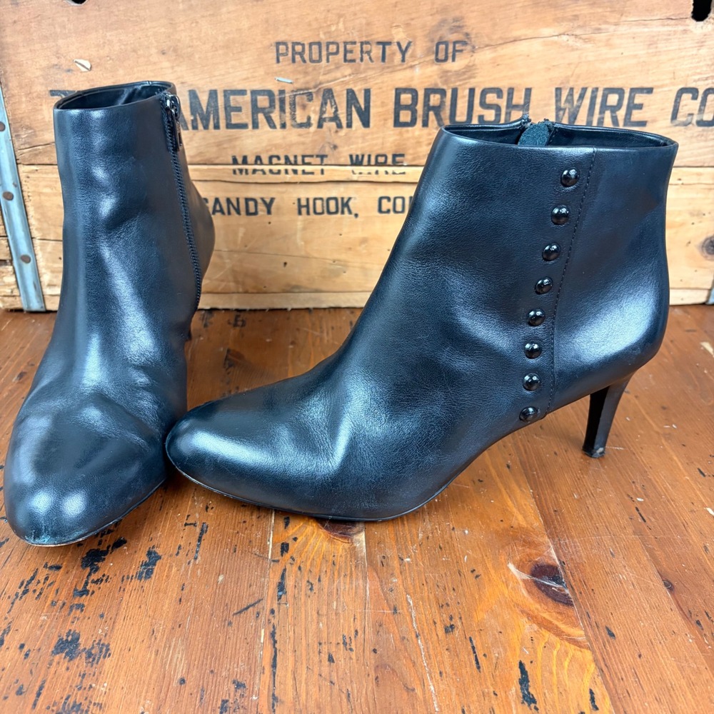 Coach Black Leather Studded Ankle Boots Stiletto Heel Side‎ Zip Womens 7.5B